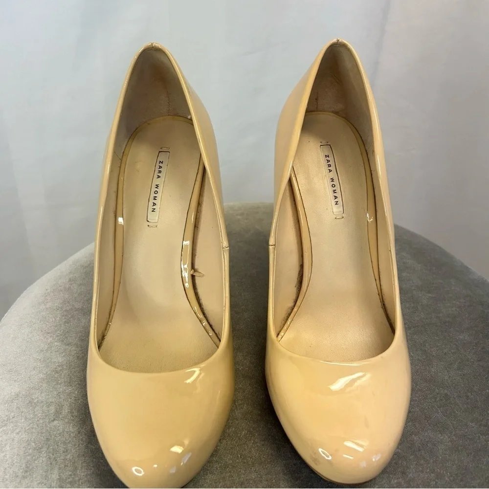 Zara light beige tan brown patent high heel pumps Sz 40 - Picture 4 of 12